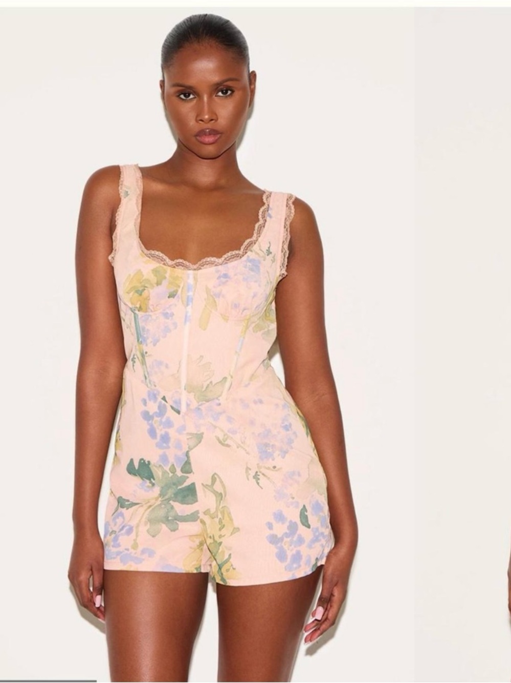 PrettyLittleThing Blush Pink Floral Lace-Trim Romper
